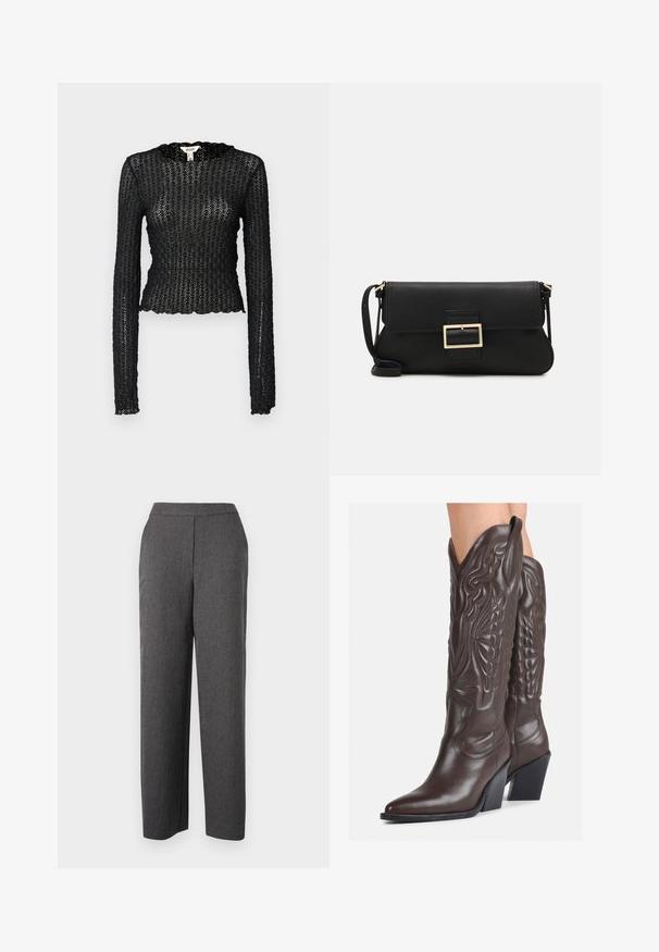 Black long-sleeve top made of textured lace, featuring a scalloped neckline and fitted design with a cropped silhouette.; Gray trousers made of textured fabric with a straight-leg design, featuring a smooth waistband and no visible pockets.; Brown leather cowboy boots with pointed toe and block heel, featuring detailed stitching and raised accents on the shaft.; Black leather clutch bag with a flap and a gold metal buckle detail. Includes a black strap and a sleek, minimalist design.