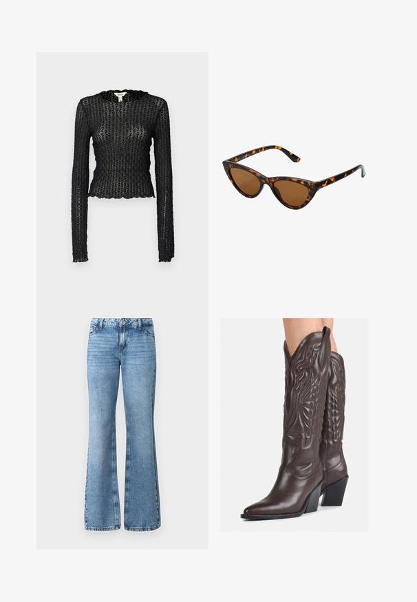 Top preto de manga longa, feito de renda texturizada, apresentando um decote em scallop e um design ajustado com uma silhueta curta.; Jeans de ganga azul claro, de corte flare, com fecho frontal por botão, cinco bolsos e um ligeiro desbotamento ao longo do tecido.; Botas de cowboy em couro castanho com bico pontudo e salto quadrado, apresentando costuras detalhadas e realces elevados no cano.; Óculos de sol estilo gato com uma armação em tartaruga preta e laranja, lentes castanhas e pontas elegantes e pontiagudas. Apresenta um logo minimalista na haste.