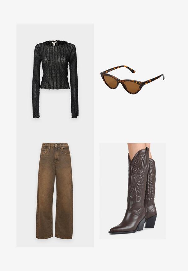 Μαύρη μπλούζα με μακριά μανίκια φτιαγμένη από υφασμάτινο δαντέλα, με ρεβέρ στο ντεκολτέ και εφαρμοστή γραμμή σε κοντή σιλουέτα.; BDG Urban Outfitters LOGAN  - Wide leg - rust tint; Καφέ δερμάτινες καουμπόικες μπότες με μυτερή μύτη και τετράγωνη σόλα, με λεπτομερή ραφή και ανυψωμένα στοιχεία στον κορμό.; Γυαλιά ηλίου τύπου cat-eye με μαύρο και πορτοκαλί καβούκι, καφέ φακούς και κομψές, μυτερές άκρες. Φέρουν ένα μίνιμο λογότυπο στο βραχίονα.