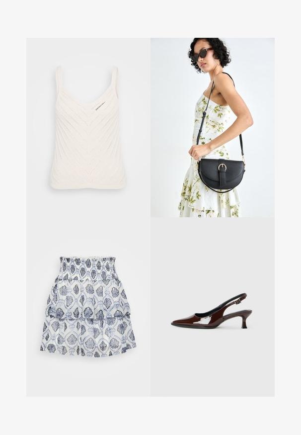 Hvit strikket tanktop med V-hals, med et chevronmønster og tynne stropper. Teksturen er lett og luftig.; Hvit lagdelt skjørt med blomsterprint i blå og grå nyanser, med smocket midje og lett, teksturert stoff.; Brune patentlæder slingback sko med spids tå og moderat hæl. Har en spænde rem for sikker pasform. Glat tekstur.; Svart lærveske med en buet form, avtagbar stropp og gullbeslag. Vesken har et klaff med spenne-detall.