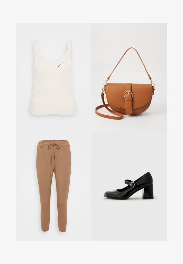 Top de malha branca com decote em V, apresentando um padrão em zigue-zague e alças finas. A textura é leve e arejada.; Calças em tom castanho claro, ajustadas, feitas de um tecido suave, com cintura com cordão, pregas frontais e punhos elásticos nos tornozelos.; Sapatinho Mary Jane de cetim preto com bico arredondado, correia ajustável e um salto retangular grosso. Textura suave com um acabamento brilhante.; Bolsa transversal de couro castanho com um formato curvado, ferragens douradas e um detalhe de fivela. Inclui uma alça de ombro destacável.