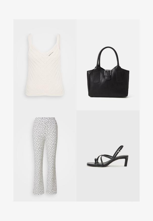 Débardeur en tricot blanc avec un col en V, présentant un motif en chevrons et des bretelles fines. La texture est légère et aérienne.; Pantalon blanc à pois noirs, avec un design évasé et une taille élastique. Fabriqué en tissu léger et texturé.; Sandale noire à lanières avec un bout carré et un petit talon bloc. Elle présente plusieurs fines lanières et une sangle de cheville ajustable. Fabriquée en cuir lisse.; Sac fourre-tout en cuir noir avec une texture lisse, une forme structurée, deux poignées et un détail en boucle argentée proéminent à l'avant.