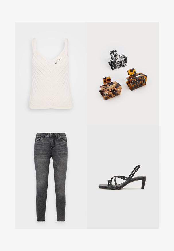 Top de malha branca com decote em V, apresentando um padrão em zigue-zague e alças finas. A textura é leve e arejada.; Calças skinny pretas em denim, com um acabamento desbotado, design tradicional de cinco bolsos e detalhe de bainha desfiada nos tornozelos.; Sandal de tiras pretas com biqueira quadrada e um pequeno salto bloco. Apresenta várias tiras finas e uma tira no tornozelo ajustável. Feito de couro liso.; Três ganchos de cabelo: um em mármore preto e branco, dois em padrão tartaruga nas tonalidades castanha e preta, todos feitos de plástico brilhante com um acabamento texturizado.