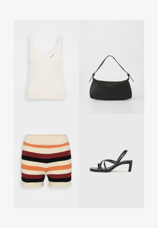 Top fără mâneci tricotat alb cu decolteu în V, având un model în zigzag și bretele subțiri. Textura este ușoară și aerisită.; Shorts tricotate cu dungi orizontale în crem, portocaliu, roșu, negru și burgund, cu o textură moale și un talie ajustată.; Sandal cu barete negre, cu vârf pătrat și toc mic de bloc. Prezintă mai multe barete subțiri și o bareta ajustabilă la gleznă. Fabricat din piele netedă.; Geantă de umăr împletită, de culoare neagră, cu o curea din piele netedă și închidere cu fermoar. Are o suprafață texturată și o formă curbată.
