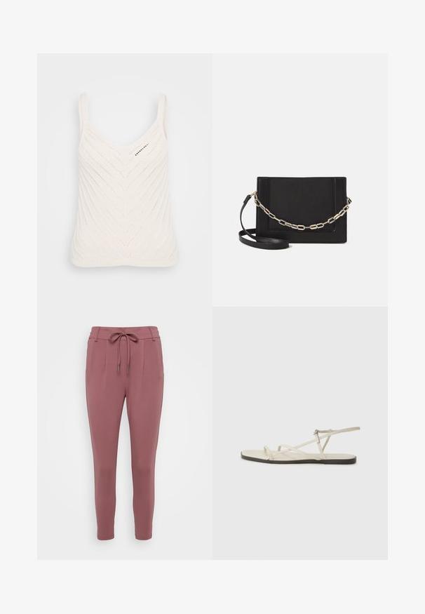 Top de malha branca com decote em V, apresentando um padrão em zigue-zague e alças finas. A textura é leve e arejada.; Calças cor-de-rosa com cintura elástica ajustável, pernas ajustadas e pregas frontais. Feitas de um material macio e elástico.; Sandália plana bege com várias tiras finas e uma fivela ajustável. A sola é plana com um leve contraste escuro na borda.; Bolsa crossbody de couro preto com uma textura suave, forma retangular e um detalhe em corrente metálica na frente. Inclui uma alça ajustável.
