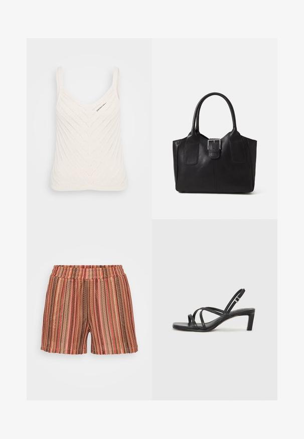 Weißes gestricktes Tanktop mit V-Ausschnitt, das ein Zickzackmuster und dünne Träger aufweist. Die Textur ist leicht und luftig.; Gestreifte Shorts mit elastischem Bund, ausgestattet mit vertikalen Linien in Rot, Braun und Grün. Hergestellt aus leichtem, strukturiertem Stoff.; Schwarze Sandale mit Riemchen, quadratischer Zehenform und niedrigem Blockabsatz. Verfügt über mehrere dünne Riemen und einen verstellbaren Knöchelriemen. Hergestellt aus glattem Leder.; Schwarze Leder-Tote mit glatter Textur, strukturiertem Design, zwei Griffen und einem auffälligen silbernen Schnallen-Detail auf der Vorderseite.