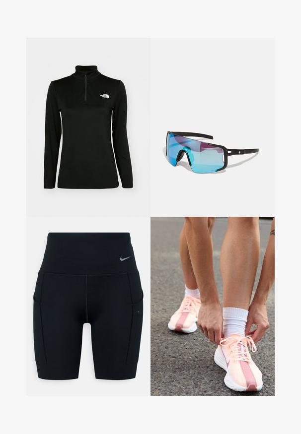 Pullover nero a maniche lunghe con colletto alto e zip a quartu, realizzato in un tessuto morbido, con un logo bianco sul lato sinistro del petto.; Shorts sportivi neri a vita alta realizzati in materiale elasticizzato; presentano tasche laterali e un piccolo logo Nike sulla vita.; Nike Performance PEGASUS PLUS - Scarpe da corsa su strada - crimson tint/white/pure platinum/red stardust/vast grey; Occhiali sportivi con montatura nera, grandi lenti sfumate blu e viola, e supporti per il naso regolabili; design leggero per un uso attivo.