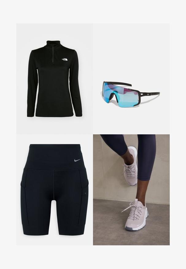 Melnā garā piedurkne puloveris ar augstu apkakli un ceturtdaļas rāvējslēdzēju, izgatavots no gludas auduma, ar baltu logo kreisajā krūtīs.; Melni augsto vidukļa sporta šorti, izgatavoti no elastīga materiāla; satur sānu kabatas un mazu Nike logo uz jostas.; Gaišpelēku sporta apavu pāris ar teksturētu virsu, saites aizdari un baltu zoli, kombinācijā ar tumšiem legingiem. Minimālistisks dizains un gludi akcenti.; Sporta saulesbrilles ar melnu rāmi, lieliem zilajiem un violetajiem gradienta stikliem, kā arī regulējamām deguna spilventiņiem; viegla konstrukcija aktīviem lietojumiem.