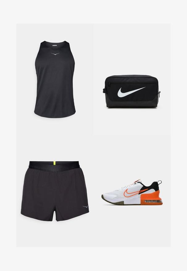 Čierne bezrukávové športové tielko vyrobené z priedušného materiálu, s okrúhlym výstrihom a reflexným logom na hrudi.; Čierne atletické šortky s saténovým povrchom, elastickým pásom a reflexným logom na pravom dolnom rohu. Jednoduchý dizajn, ľahká tkanina.; Biele športové topánky s textúrovaným sieťovaným zvrškom, čiernymi a oranžovými akcentmi, hrubou gumovou podrážkou a priesvitnou vzduchovou vankúšikovou časťou na päte.; Čierna toaletná taška Nike s hladkou textúrou, vybavená bielym logom swoosh, horným zipsom a bočnou kapsou.