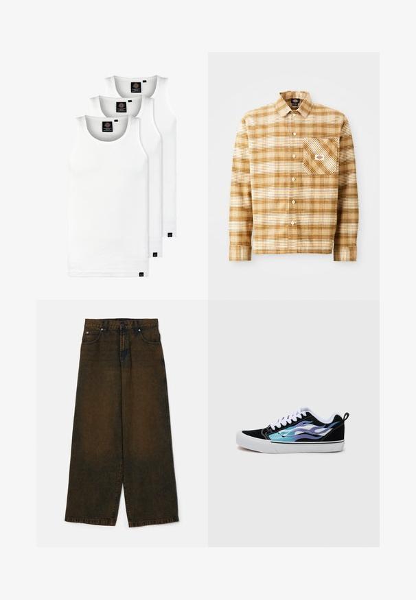 Três tops em algodão de alças brancas com nervuras. Apresentam um decote redondo e pequenas etiquetas pretas perto da bainha. Disponíveis em vários tamanhos.; Camisa de manga longa em padrão xadrez castanho e creme, feita de tecido texturizado, com um bolso no peito e fecho de botão, apresentando uma etiqueta no bolso.; Jeans de perna larga em denim castanho escuro com uma textura desbotada, apresentando um design de cinco bolsos e uma cintura com passantes para cinto.; Sneakers de camurça preta com uma sola de borracha branca. Apresentam padrões de chamas iridescentes azuis e roxas. Cadarços brancos e uma alça traseira.