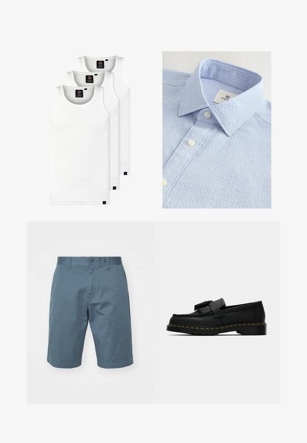 Drei weiße, gerippte Tanktops aus Baumwolle. Merkmale einen Rundhalsausschnitt und kleine schwarze Etiketten am Saum. In mehreren Größen erhältlich.; Helles, strukturiertes, hellblaues Hemd mit Kentkragen, ausgestattet mit zwei weißen Knöpfen und einem Etikett mit dem Markennamen im Kragen.; Blaue Baumwollshorts mit Knopfverschluss, Gürtelschlaufen und seitlichen Taschen. Glatte Textur mit lockerer Passform, die über das Knie reicht.; Schwarzer Lederloafer mit Quasten, gelben Nähten entlang der Sohle und einer dicken, gerippten Gummisohle.