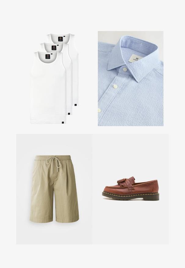 Tres camisetas sin mangas de algodón de color blanco con canalé. Cuentan con cuello redondo y pequeñas etiquetas negras cerca del dobladillo. Disponibles en múltiples tamaños.; Camisa texturizada de color azul claro con cuello abotonado, que presenta dos botones blancos y una etiqueta con el nombre de la marca dentro del cuello.; Pantalones cortos de algodón beiges con cintura elástica y cordón. Presentan bolsillos laterales y un diseño relajado y recto.; Mocasines de cuero marrón con acentos de borlas, superficie texturizada y costura amarilla en contraste a lo largo de la suela de goma negra. Vista lateral.