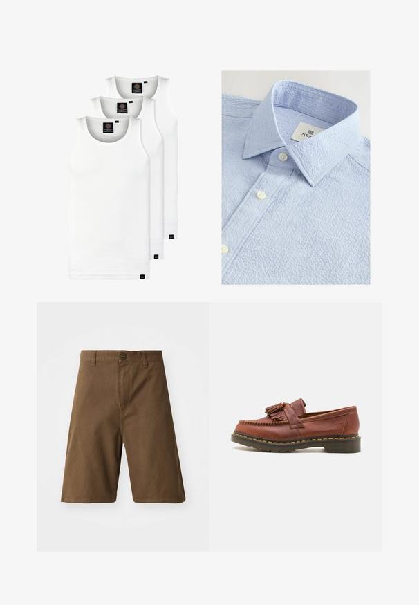 Trois débardeurs blancs côtelés en coton. Présentent un col rond et de petites étiquettes noires près de l'ourlet. Disponibles en plusieurs tailles.; Chemise texturée bleu clair avec un col boutonné, dotée de deux boutons blancs et d'une étiquette avec le nom de la marque à l'intérieur du col.; Shorts en coton marron avec une coupe droite, dotés d'une fermeture à bouton sur le devant, de passants de ceinture et de poches latérales. Texture lisse et coutures soignées.; Mocassin en cuir marron avec des accents de franges, surface texturée et coutures jaunes contrastantes le long de la semelle en caoutchouc noir. Vue de côté.