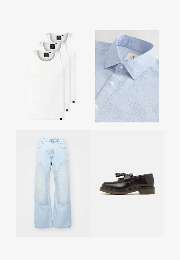 Kolme valkoista ribbitekstiilistä toppia, jotka on valmistettu puuvillasta. Ominaisuuksiin kuuluu pyöreä pääntie ja pieni musta etiketti helman lähellä. Saatavilla useissa kooissa.; Vaaleansininen teksturoitu paita, jossa on napitettava kaulus. Paidassa on kaksi valkoista nappia ja kauluksessa brändinimiä osoittava etiketti.; MISBHV MONOGRAM CARPENTER - Relaxed fit -farkut - pale blue; Ruske nahkate loafere z woveno zasnovo, z detajlom v obliki resic in ravnim gumijastim podplatom. Imajo gladek zaključek in kontrastno šivanje.