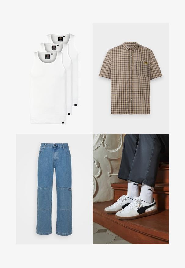 Three white ribbed tank tops made of cotton. Features a crew neck and small black labels near the hem. Available in multiple sizes.; Short-sleeve plaid shirt in beige with navy and brown squares, featuring a chest pocket and a yellow logo on the pocket.; Light blue denim jeans with a relaxed fit, featuring patchwork panels, top button closure, five-pocket design, and subtle branding on the leg.; Puma sneakers in white and black suede, featuring a brown rubber sole. Paired with white socks displaying a black logo, worn with dark pants.