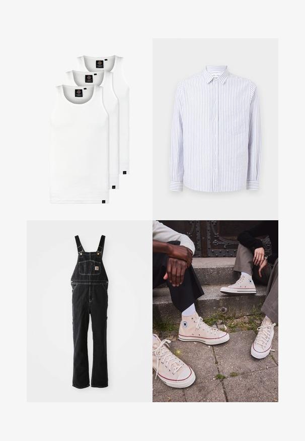 Trys balti, dryžuoti marškiniai be rankovių, pagaminti iš medvilnės. Yra apvalus kaklas ir maži juodi etiketės netoli siūlės. Siūlomi įvairių dydžių.; Dryžuota balta ir šviesiai mėlyna mygtukų marškinėliai. Savybės: smailus apykaklė, ilgomis rankovėmis ir viena krūtinės kišenė. Pagaminta iš medvilnės audinio.; Juodi džinsiniai kombinezonai turi reguliuojamus dirželius, priekinę kišenę ir auksinius aksesuarus. Audinys turi tekstūrinę, tvirtą išvaizdą.; Aukštakulniai bežiniai drobės sportbačiai su raudona juostele, balta guma padu, metaliniais užsegimais, su ikonišku žvaigždės logotipu šone.