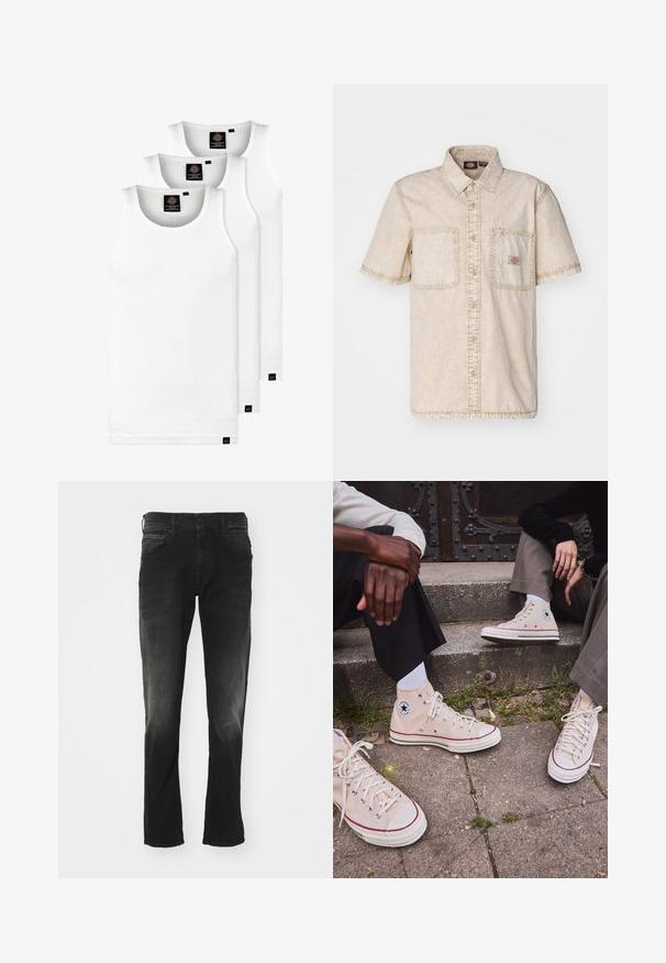 Drei weiße, gerippte Tanktops aus Baumwolle. Merkmale einen Rundhalsausschnitt und kleine schwarze Etiketten am Saum. In mehreren Größen erhältlich.; Beige kurzärmliges Hemd mit Knopfverschluss, zwei Brusttaschen, sichtbaren Nähten und einem klassischen Kragen.; Schwarze Denim-Jeans mit einer ausgebleichten Waschung, fünf Taschen, geradem Bein und einem klassischen Knopf- und Reißverschluss.; Beige Canvas-Hochschuh-Sneaker mit rotem Streifen, weißer Gummisohle und Metall-Ösen, mit iconic Stern-Logo an der Seite.