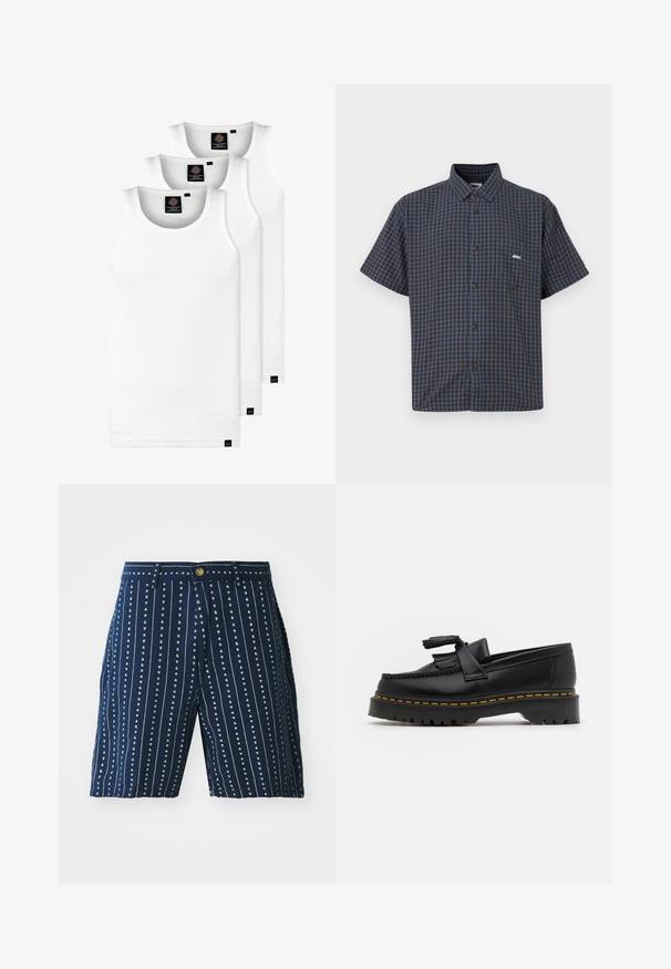 Három fehér csíkos pamut trikó. Felső része kerek nyakkivágású, és a szegély közelében kis fekete címkék találhatók. Több méretben elérhető.; Rövid ujjú gombos ing sötétbarna és kék kockás mintával, gallérral, elülső zsebbel és egy kis logóval a mellkason.; Tengerészek által inspirált rövidnadrág, függőleges fehér csíkokkal és kis szívmintákkal, gombos záródással és övhurkokkal. Könnyű anyagból készült.; Fekete bőr mokaszin, rojtos díszítéssel, masszív fekete talppal és sárga varrással az élén. Texturált felület.