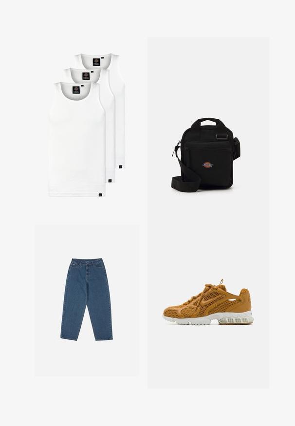 Három fehér csíkos pamut trikó. Felső része kerek nyakkivágású, és a szegély közelében kis fekete címkék találhatók. Több méretben elérhető.; Kék farmernadrág, laza szabással, magas derékkal, öt zsebes kialakítással és varrási díszítésekkel. Gombos és cipzáros záródással rendelkezik.; Barna hálós és bőr sneaker fehér talppal. Jellemzője a texturált felsőrész, több szellőzőnyílás és a párnázott sarok.; Fekete keresztpántos táska cipzáras zsebbel, téglalap alakú, szövetből készült, az elején logóval ellátva, állítható vállpánttal.