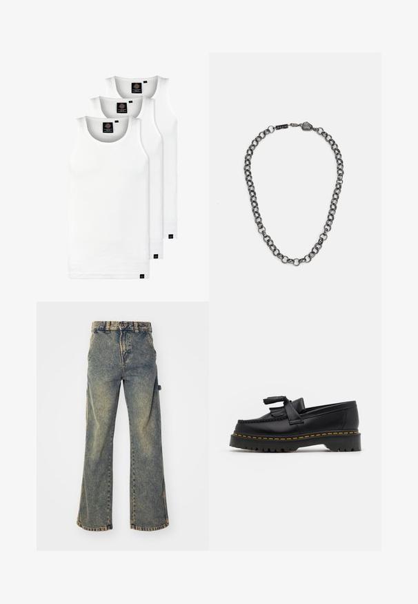 Três tops em algodão de alças brancas com nervuras. Apresentam um decote redondo e pequenas etiquetas pretas perto da bainha. Disponíveis em vários tamanhos.; Jeans de denim de perna larga de cintura alta em um tom de azul desbotado, apresentando cinco bolsos, passantes para cinto e uma bainha crua com detalhes de costura visíveis.; Mocassim de couro preto com um detalhe de franjas, apresentando uma sola preta robusta e costura amarela ao longo da borda. Acabamento texturizado.; Colar de corrente em metal com elos alongados na cor gunmetal escuro. Apresenta um detalhe geométrico e fecho com logótipo.