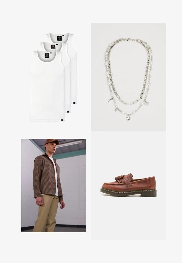 Három fehér csíkos pamut trikó. Felső része kerek nyakkivágású, és a szegély közelében kis fekete címkék találhatók. Több méretben elérhető.; Barna kockás ing, hosszú ujjal, bézs nadrággal párosítva, fehér póló felett viselve. A modell egy egyszerű beltéri környezetben áll.; Barna bőr mokaszin, rojtos díszítéssel, texturált felülettel és kontrasztos sárga varrással a fekete gumitalpon. Oldalnézet.; Többrétegű nyaklánc ezüst láncokkal és gyöngyökkel, kulcsokkal és egy négyzet alakú medállal díszítve. Sima textúrájú, fényes felületű.