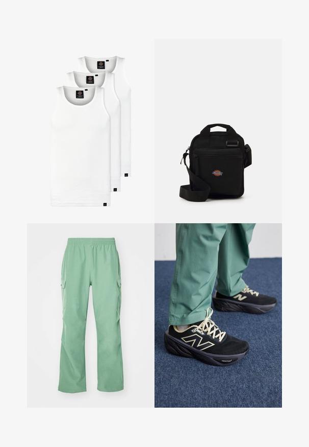 Trys balti, dryžuoti marškiniai be rankovių, pagaminti iš medvilnės. Yra apvalus kaklas ir maži juodi etiketės netoli siūlės. Siūlomi įvairių dydžių.; Šviesiai žali cargo kelnės su elastinga juosta, pagamintos iš lygaus audinio, su dviem šoniniais kišenėmis ir tiesiu kirpimu.; Juoda sportinė avalynė su tinkline viršutine dalimi, kremine apdaila ir storesniu paminkštintu padu. Poruojama su žaliomis, aptemptomis kelnėmis.; Juodas per petį nešiojamas krepšys su užtrauktuku, stačiakampio formos, pagamintas iš audinio, su logotipo siuviniu priekyje, reguliuojamo ilgio petneša.