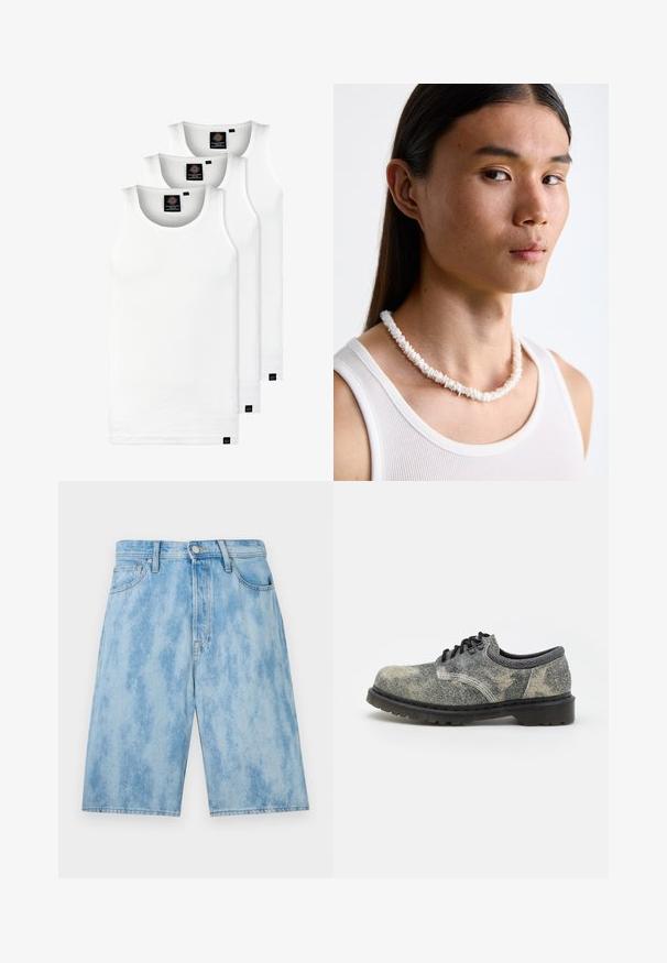 Tri biele rebrované tielka vyrobené z bavlny. Majú okrúhly výstrih a malé čierne štítky pri leme. Dostupné v rôznych veľkostiach.; Svetlo modré džínsy šortky s vyblednutým umývaním, s klasickým pásom, prednými vreckami a voľným strihom. Žiadne viditeľné vzory ani kovové prvky.; Čipková obuv vyrobená z textúrovaného šedého materiálu s čiernymi akcentmi, hrubou gumovou podrážkou a bielymi švíkovými detailmi. Zaoblený dizajn špičky.; Biele náhrdelník z mušlí pozostávajúci z nepravidelných tvarov, nosený cez priliehavé biele tielko. Hladký povrch s jemným leskom, tesne priliehajúce prevedenie.