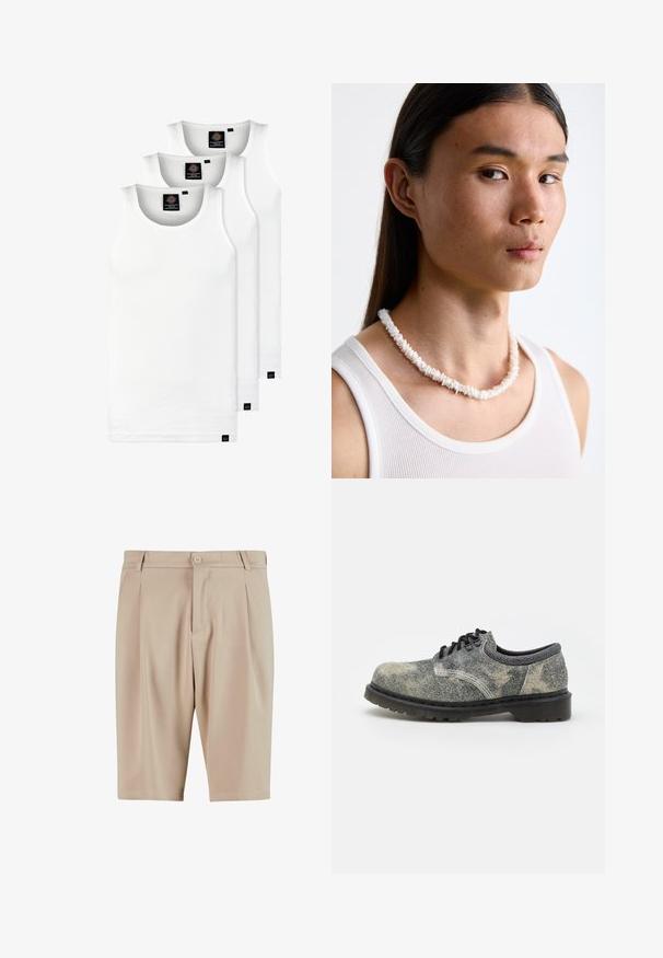 Trei maieuri albe ribbate din bumbac. Au un guler rotund și etichete negre mici lângă tiv. Disponibile în mai multe mărimi.; Şorturi beige, ajustate, cu pliu, dotate cu închidere cu buton și design clasic. Textură netedă, la lungimea genunchilor, fără buzunare vizibile.; Pantof cu șireturi dintr-un material texturat gri, cu accente negre, talpă groasă din cauciuc și detalii de cusătură albă. Design cu vârf rotund.; Colier din scoici albe compus din forme neregulate, purtat peste un top alb ajustat. Textură netedă cu o ușoară strălucire, design strâns.