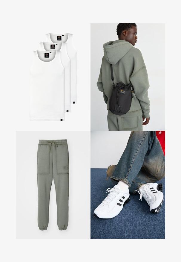 Tre hvide ribbede tanktops lavet af bomuld. Har en rund hals og små sorte mærker nær sømmen. Fås i flere størrelser.; Alpha Industries OPEN EDGE JOGGER - Træningsbukser - dark olive; Hvide mesh sportsko med sorte accenter, der har et struktureret design og en særpræget sål, parret med blå denimjeans.; Sort snørebåndstaske lavet af slidstærkt materiale, med et logo patch, båret som en crossbody sammen med en lysegrøn hættetrøje.; Metal kæde halskæde med forlængede led i en mørk gunmetal farve. Har en geometrisk accent og lås med brandingdetalje.