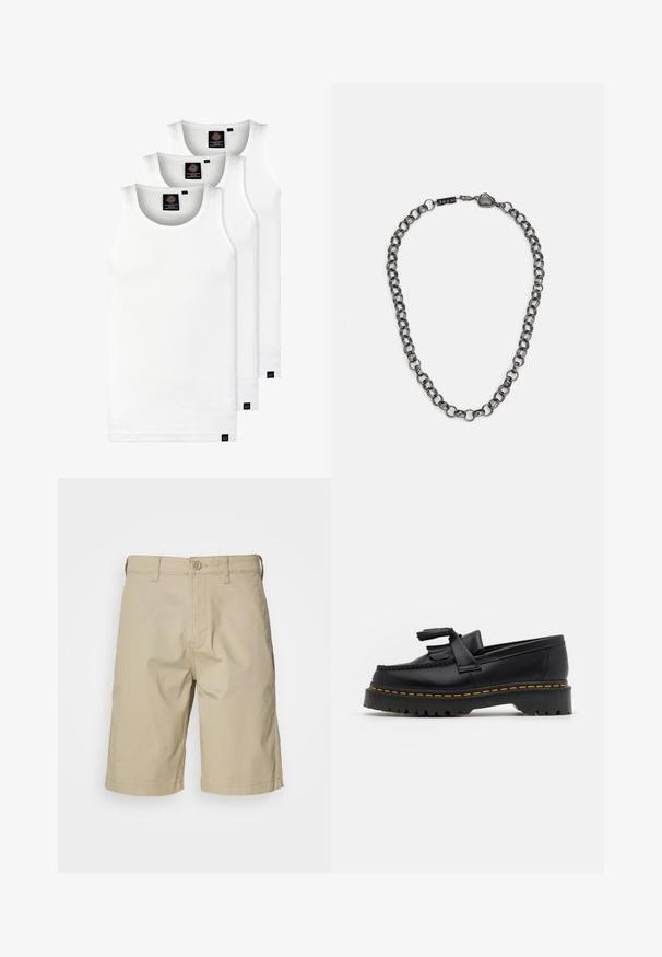 Tre hvide ribbede tanktops lavet af bomuld. Har en rund hals og små sorte mærker nær sømmen. Fås i flere størrelser.; Beige bomuldsbukser med lige snit, knaplukning, bæltestropper og to sidelommer. Glat tekstur og knælængde design.; Sort læderloafer med en frynsedetalje, der har en kraftig sort sål og gul syninger langs kanten. Teksturert overflade.; Metal kæde halskæde med forlængede led i en mørk gunmetal farve. Har en geometrisk accent og lås med brandingdetalje.