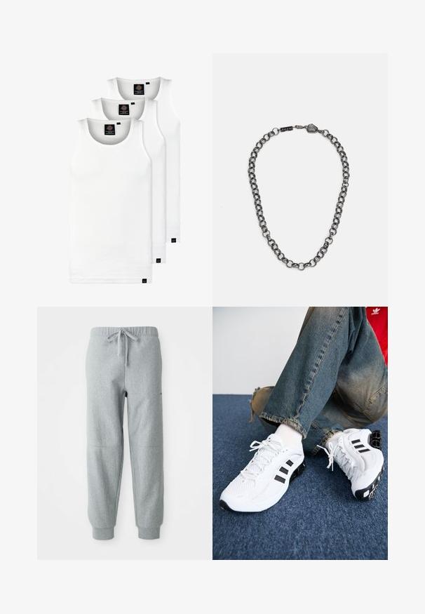Tre hvide ribbede tanktops lavet af bomuld. Har en rund hals og små sorte mærker nær sømmen. Fås i flere størrelser.; Grå fleece joggingbukser med elastisk talje, snøre og ribbede ankler. Funktioner med tekstureret stof og diskret sømdetaljering.; Hvide mesh sportsko med sorte accenter, der har et struktureret design og en særpræget sål, parret med blå denimjeans.; Metal kæde halskæde med forlængede led i en mørk gunmetal farve. Har en geometrisk accent og lås med brandingdetalje.