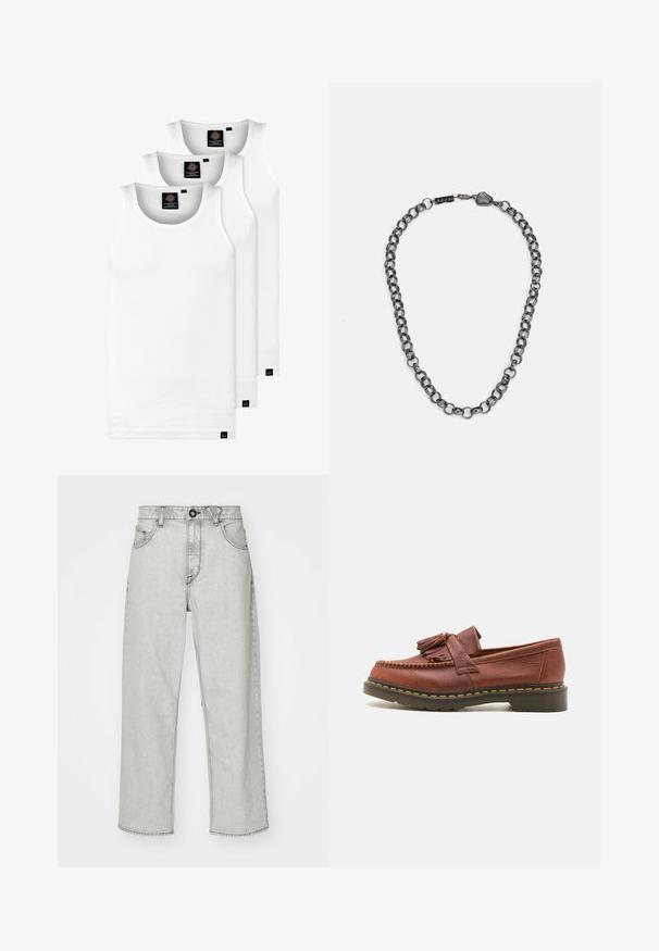 Kolm valget ribaga t-särki, mis on valmistatud puuvillast. Omavad ümmargust kaelanõhku ja väikseid musti silte hemme lähedal. Saadaval erinevates suurustes.; Heledad hallhallide vöökohtadega heledad teksad, lõdva istuva lõikega, viie taskuga, esise nööbiga kinnitamine ja peene tekstuuriga muster denimi kangal.; Pruunist nahast mokassiind, millel on pompooni aksessuaarid, tekstureeritud pind ja kontrastne kollane õmblus musta kummitald alusel. Küljepilt.; Metallist ehetross, millel on piklikud lingid tumedast terasest. Omab geomeetrilist aktsenti ja brändimise detailiga klamber.
