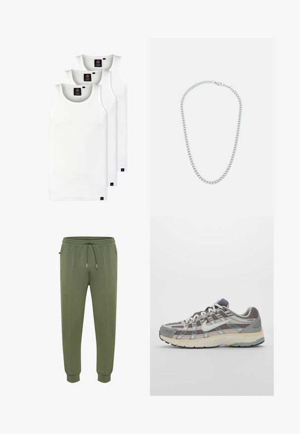 Trys balti, dryžuoti marškiniai be rankovių, pagaminti iš medvilnės. Yra apvalus kaklas ir maži juodi etiketės netoli siūlės. Siūlomi įvairių dydžių.; Alyvuogių žaliai mėgstami sportiniai kostiumai iš minkšto audinio, su raišteliu juosmuo, šoninėmis kišenėmis ir ribotais manžetais, užtikrinančiais patogų prigludimą.; Pilkas sportinis batas su tinklu ir zomšos viršutine dalimi, baltomis detalėmis, paminkštintu padu ir išskirtiniu dizainu su atspindinčiais elementais.; Sidabrinė metalinė grandinėlė su tarpusavyje susijungiančiomis jungtimis ir saugiu užsegimu, lygi tekstūra, tolygus paviršius ir klasikinis dizainas.