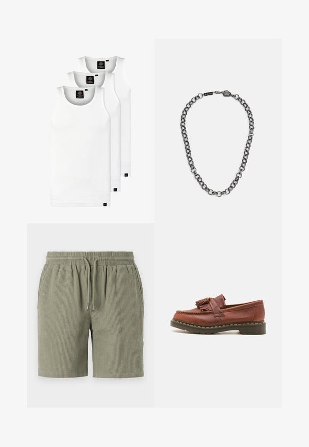 Three white ribbed tank tops made of cotton. Features a crew neck and small black labels near the hem. Available in multiple sizes.; Waffle-textured, olive green shorts with an elastic waistband, drawstring ties, and a relaxed fit. Smooth hem at the legs.; Brown leather moccasin with tassel accents, textured surface, and contrasting yellow stitching along the black rubber sole. Side view.; Metal chain necklace with elongated links in a dark gunmetal color. Features a geometric accent and clasp with branding detail.