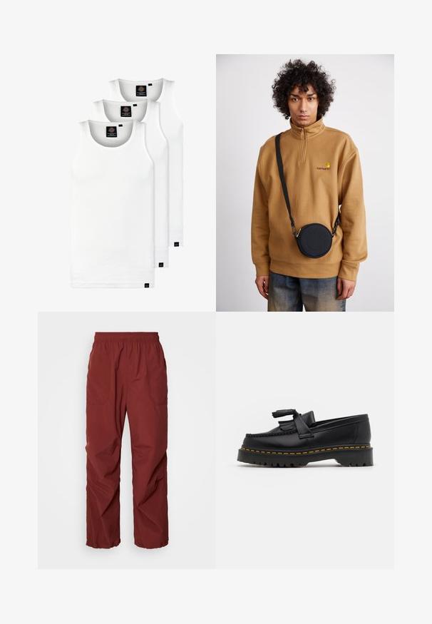 Drie witte geribde tanktops van katoen. Kenmerken zijn een ronde hals en kleine zwarte labels nabij de zoom. Verkrijgbaar in meerdere maten.; Rode, lichte, elastische broek met een elastische taille, twee zijzakken, brede benen en een gladde textuur. Ideaal voor casual kleding of actieve gebruik.; Zwarte leren loafers met een franjesaccent, voorzien van een dikke zwarte zool en gele stiksels langs de rand. Gevoelige afwerking.; Bruine fleece sweatshirt met kwart rits en geborduurd logo, met een zwarte ronde crossbody tas met rits en logo detail, gedragen over denim.