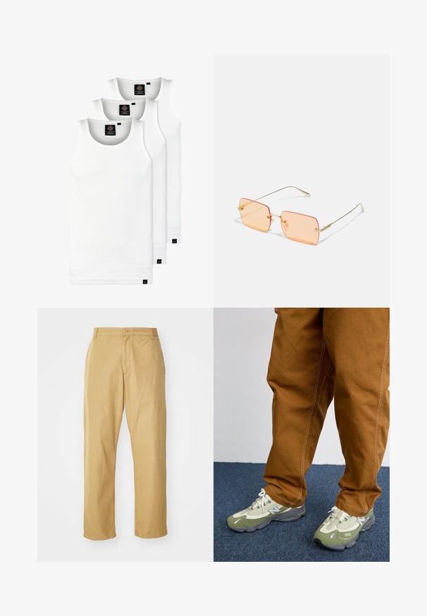 Három fehér csíkos pamut trikó. Felső része kerek nyakkivágású, és a szegély közelében kis fekete címkék találhatók. Több méretben elérhető.; Könnyű anyagból készült, egyenes szárú khaki chino nadrág, amely elöl gombos záródással és oldalsó zsebekkel rendelkezik.; Világos zöld és szürke sportcipők hálós és szintetikus anyagból, fehér fűzőkkel és "1000" felirattal az oldalukon. Barna nadrág fehér varrással.; Arany fémkeretes napszemüveg téglalap alakú, narancsszínű lencsékkel. Jellegzetesen vékony szárak és finom textúrázott díszek a pántok közelében.; Hét ezüst gyűrűből álló szett, különböző formákkal és szélességekkel, köztük csavart, összekapcsolt és gravírozott mintákkal.