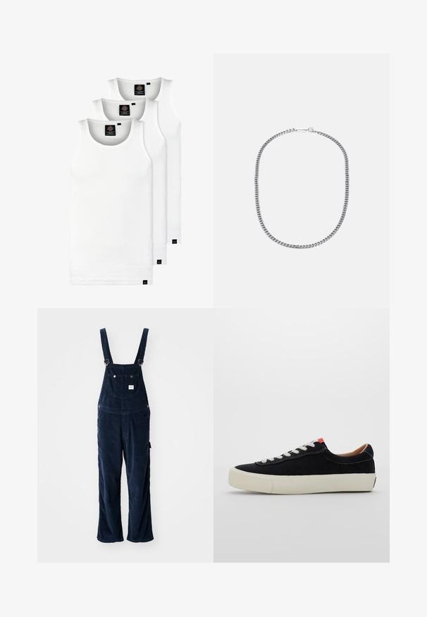 Tři bílé žebrované tílka vyrobené z bavlny. Mají kulatý výstřih a malé černé štítky poblíž lemu. Dostupné v několika velikostech.; Námořnické kordové overal s nastavitelnými šlemi, přední kapsou a bočními kapsami; volné nohavice se strukturovaným povrchem.; Černé látkové tenisky s bílými tkaničkami, béžovou gumovou podrážkou a červeným akcentem na patě. Zaoblená špička a minimální švy.; Stříbrný kovový řetězový náhrdelník se silnými propletenými články, leštěným povrchem a malou sponou s logem.