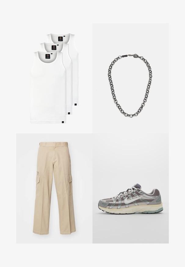 Kolm valget ribaga t-särki, mis on valmistatud puuvillast. Omavad ümmargust kaelanõhku ja väikseid musti silte hemme lähedal. Saadaval erinevates suurustes.; Beežid särk-püksid laia jala disainiga, mitme taskuga ja kontrastõmblustega. Valmistatud vastupidavast puuvillakangast, sisaldab vöökohavööd.; Hallus hallitus jalanõud, millel on võrgust ja sametist ülemine osa, valged rõhutused, pehme tald ning eristuv disain peegelduvate elementidega.; Metallist ehetross, millel on piklikud lingid tumedast terasest. Omab geomeetrilist aktsenti ja brändimise detailiga klamber.