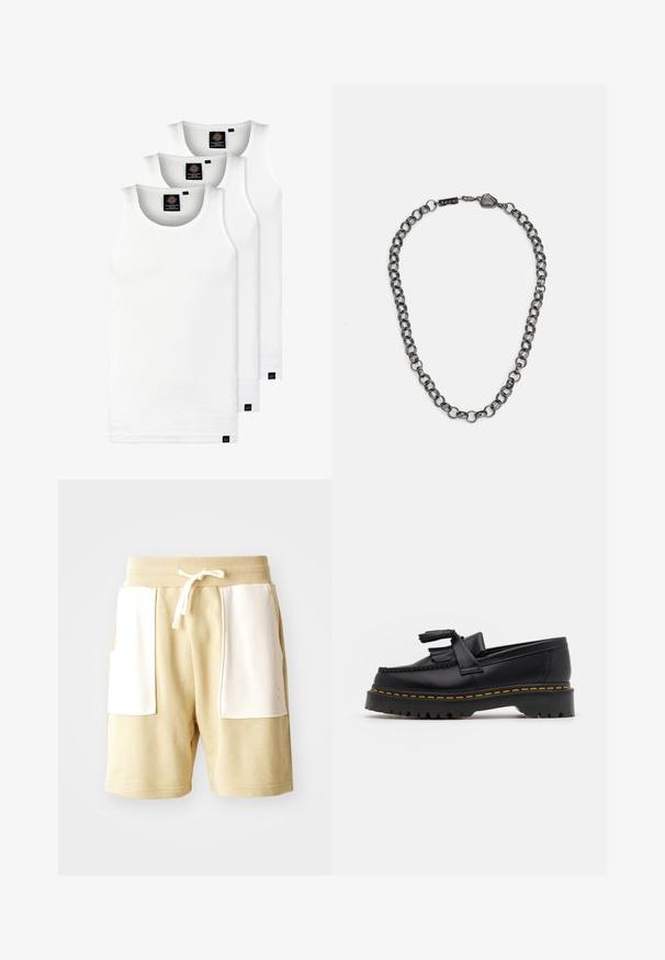 Kolme valkoista ribbitekstiilistä toppia, jotka on valmistettu puuvillasta. Ominaisuuksiin kuuluu pyöreä pääntie ja pieni musta etiketti helman lähellä. Saatavilla useissa kooissa.; Beige puuvillashortsit, joissa on ribattu vyötärö, valkoiset taskut, nyöriyksityiskohta ja rento malli. Tasainen kankaan pinta.; Musta nahkakengät, joissa on tupsuakkentti, paksu musta pohja ja keltainen ommel reunassa. Rakeinen pinta.; Metallinen ketjun kaulaketju, jossa on pitkänomaisia linkkejä tummassa metallinvärisessä sävyssä. Sisältää geometrisen koristeen ja klipsin, jossa on brändäysdetalji.