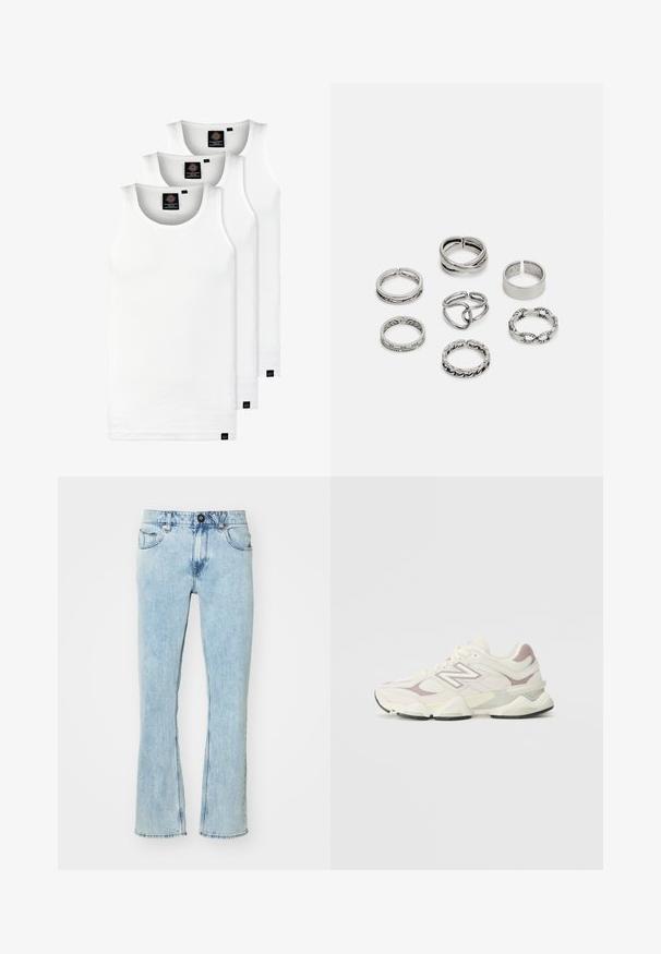 Trois débardeurs blancs côtelés en coton. Présentent un col rond et de petites étiquettes noires près de l'ourlet. Disponibles en plusieurs tailles.; Jean en denim bleu clair, taille haute, avec une coupe droite, cinq poches et une fermeture à boutons à l'avant. Détails délavés présents.; Sneaker de sport blanc et gris clair avec un dessus en mesh et synthétique, un col rembourré, des accents texturés et une semelle en caoutchouc épaisse.; Ensemble de sept bagues en argent présentant divers designs, notamment des motifs torsadés, entrelacés et gravés. Différentes formes et largeurs.