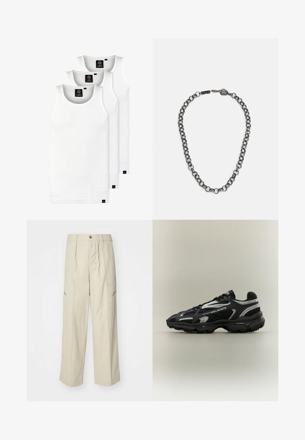 Drei weiße, gerippte Tanktops aus Baumwolle. Merkmale einen Rundhalsausschnitt und kleine schwarze Etiketten am Saum. In mehreren Größen erhältlich.; Beige Cargo-Hosen mit lockerem Schnitt, zwei Fronttaschen und einem leicht strukturierten Stoff. Mit Knopfverschluss und weit geschnittenem Design.; Schwarzer und silberner Lacoste-Sneaker mit Obermaterial aus Mesh und Synthetik, abgerundeter Zehenpartie, strukturiertem Sohlenprofil und seitlichen Markendetails auf neutralem Hintergrund.; Metallkettengesicht mit verlängerten Gliedern in einer dunklen Graphitfarbe. Enthält ein geometrisches Akzent- und Verschlussdetail mit Markenlogo.
