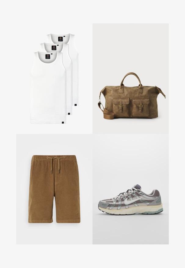 Tri bijele rebraste majice bez rukava od pamuka. Imaju okrugli izrez i male crne oznake blizu rubova. Dostupne su u više veličina.; Smeđi korduroj šorts s elastičnim pojasom i vezicom, sa ravnim krojem i prevrnutim rubovima. Jednostavan dizajn, teksturirani materijal.; Siva sportska tenisica s gornjim dijelom od mrežaste tkanine i zamshta, bijelim detaljima, amortizirajućom potplatom i prepoznatljivim dizajnom s refleksivnim elementima.; Smeđi kožni putni kovčeg s dva prednja džepa, podesivim remenom za rame, zlatnim detaljima i čvrstim gornjim ručkama. Glatka tekstura.; Višeslojni ogrlica koja sadrži metalne srebrne lance i perle u bijelim i smešnim nijansama, prikazujući različite teksture i oblike.