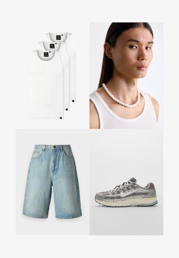 Tri biele rebrované tielka vyrobené z bavlny. Majú okrúhly výstrih a malé čierne štítky pri leme. Dostupné v rôznych veľkostiach.; Svetložlté denimové šortky s voľným strihom, prednými vreckami, zapínaním na gombík a bledým umývaním so subtilnými efektami".; Šedá športová obuv so zvrškom z nylonu a semišu, bielymi akcentmi, polstrovanou podrážkou a jedinečným dizajnom s reflexnými prvkami.; Biele náhrdelník z mušlí pozostávajúci z nepravidelných tvarov, nosený cez priliehavé biele tielko. Hladký povrch s jemným leskom, tesne priliehajúce prevedenie.