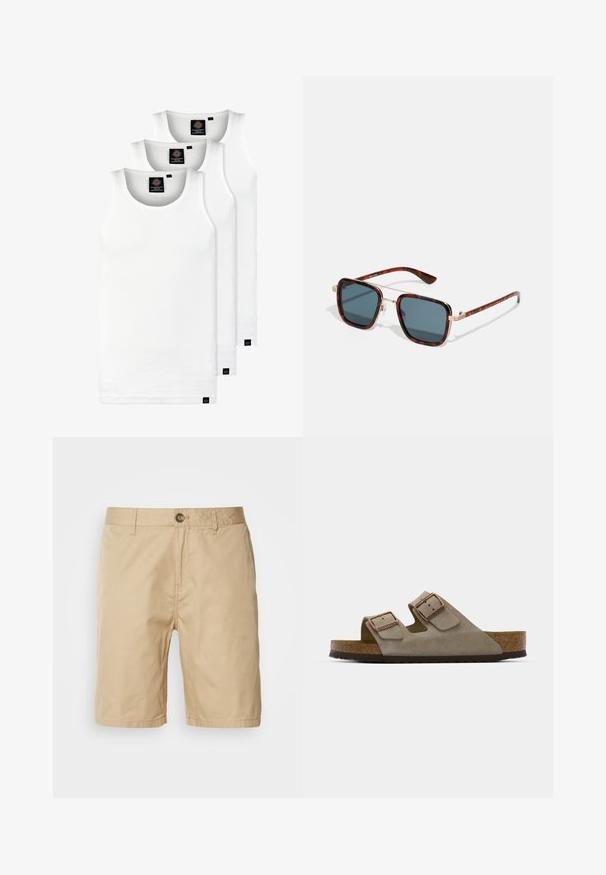 Trois débardeurs blancs côtelés en coton. Présentent un col rond et de petites étiquettes noires près de l'ourlet. Disponibles en plusieurs tailles.; Scotch & Soda STUART - Short - seastone; Sandale à glissière en suède de couleur gris clair, dotée de deux boucles réglables, d'une semelle intermédiaire en liège et d'une semelle extérieure en caoutchouc texturé.; Lunettes de soleil en écaille de tortue avec des verres gris foncé, de forme carrée, des accents en métal doré et des branches fines avec un détail rayé distinctif.