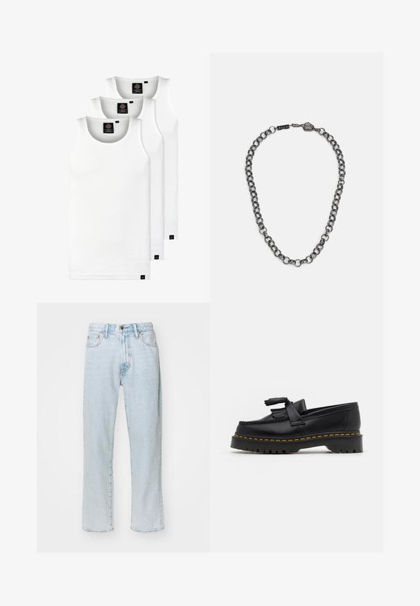 Trois débardeurs blancs côtelés en coton. Présentent un col rond et de petites étiquettes noires près de l'ourlet. Disponibles en plusieurs tailles.; Jean droit bleu clair en denim, doté de cinq poches, d'une fermeture éclair avec bouton et d'un léger dégradé sur le tissu.; Mocassin en cuir noir avec un accent à frange, doté d'une semelle épaisse noire et d'une couture jaune le long du bord. Fini texturé.; Collier en métal avec des maillons allongés dans une couleur gunmetal foncé. Comprend un accent géométrique et un fermoir avec des détails de marque.