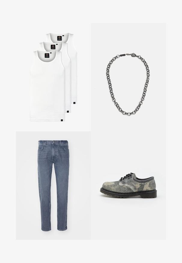 Tres camisetas sin mangas de algodón de color blanco con canalé. Cuentan con cuello redondo y pequeñas etiquetas negras cerca del dobladillo. Disponibles en múltiples tamaños.; Jeans de mezclilla azul con un diseño de pierna recta, que cuentan con un cierre de botón y cremallera, bolsillos frontales y un ligero desgaste en la tela.; Zapato de cordones hecho de un tejido gris texturizado con acentos negros, suela de goma gruesa y detalles de costura blanca. Diseño de punta redondeada.; Collar de cadena de metal con eslabones alargados en un color gris oscuro. Presenta un acento geométrico y un cierre con detalle de marca.