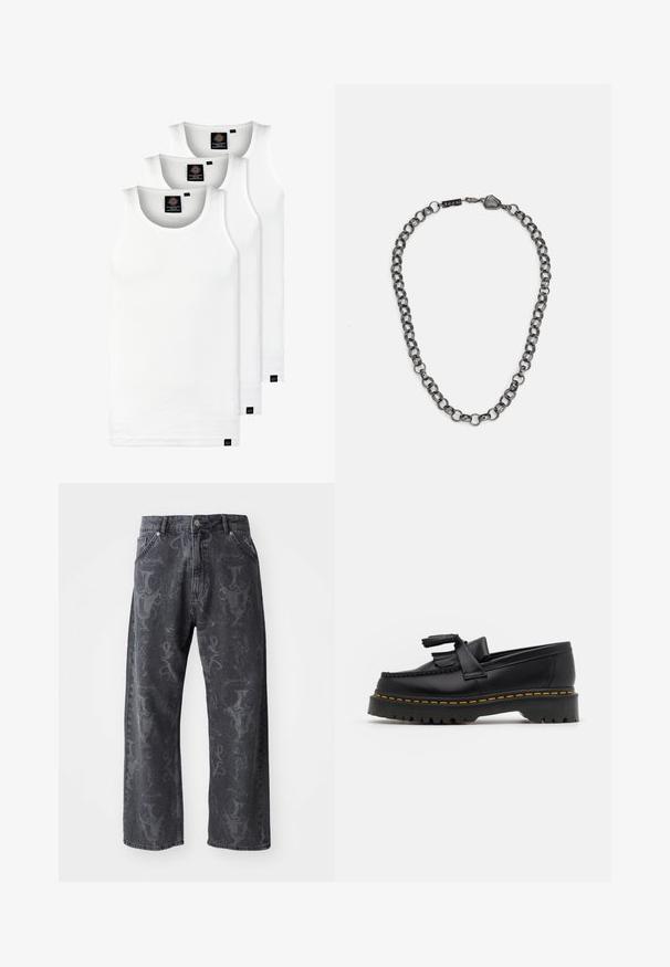 Tres camisetas sin mangas de algodón de color blanco con canalé. Cuentan con cuello redondo y pequeñas etiquetas negras cerca del dobladillo. Disponibles en múltiples tamaños.; Vaqueros de mezclilla gris oscuro con piernas anchas, que presentan un sutil patrón gráfico tonal y un diseño clásico de cinco bolsillos. Cierre estándar de botón y cremallera.; Mocasín de cuero negro con un acento de borlas, que presenta una suela gruesa negra y costuras amarillas a lo largo del borde. Acabado texturizado.; Collar de cadena de metal con eslabones alargados en un color gris oscuro. Presenta un acento geométrico y un cierre con detalle de marca.