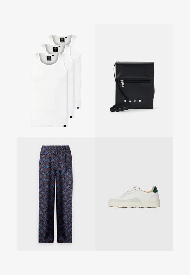 Drei weiße, gerippte Tanktops aus Baumwolle. Merkmale einen Rundhalsausschnitt und kleine schwarze Etiketten am Saum. In mehreren Größen erhältlich.; Weite Hosen aus dunklem Stoff mit einem gewebten blauen Muster. Der elastische Bund sorgt für Komfort. Glatte Textur mit geometrischen Akzenten.; Weiße Sneaker mit Wildlederelementen, runder Zehenpartie, flachen Schnürsenkeln und einer cremefarbenen Gummisohle. Mit grünen Markenlogo am Fersenbereich.; Schwarze Leder-Crossbody-Tasche mit einer Reißverschlusstasche vorne, geprägtem Logo und verstellbarem Tragegurt. Glatte Oberfläche mit strukturierter Form.