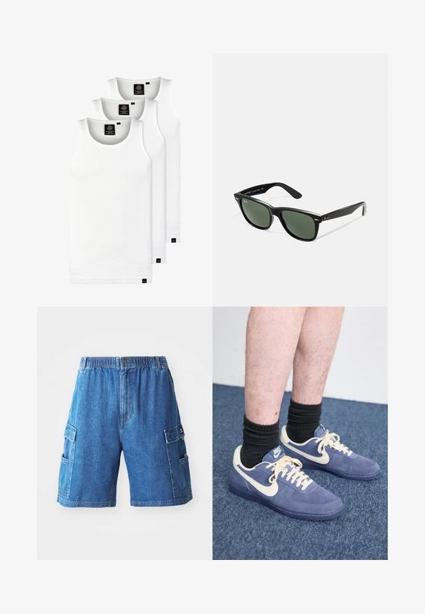 Tre hvite ribbestrikkede tank topper laget av bomull. Har en rund hals og små svarte etiketter nær kanten. Tilgjengelig i flere størrelser.; Denim cargo shorts i mellomblå med elastisk midje, flere sidelommer og rett snitt. Teksturert stoff med synlig søm.; Nike-sneakers med en mørkeblå suede-overdel og kremfargede detaljer. Har flate lisser, en rund tå og en gummisåle. Svarte ribbede sokker brukt.; Sorte plast-solbriller med grønne linser, firkantede rammer, sølvdetalje på brynene, og teksturerte stangarmen. Angitt merke på indre arm.
