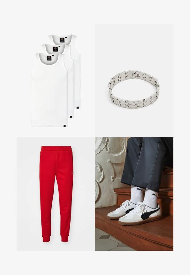 Drei weiße, gerippte Tanktops aus Baumwolle. Merkmale einen Rundhalsausschnitt und kleine schwarze Etiketten am Saum. In mehreren Größen erhältlich.; Rote Sweatpants aus weichem Material mit elastischem Bund, schmal zulaufenden Beinen und goldfarbenem Logo-Detail auf der linken Seite. Glatte Textur.; Puma-Sneaker aus weißem und schwarzem Wildleder mit einer braunen Gummisohle. Kombiniert mit weißen Socken, die ein schwarzes Logo zeigen, getragen zu dunklen Hosen.; Metallarmband mit ineinandergreifenden rechteckigen Gliedern; polierte Silberoberfläche; verfügt über einen sicheren Verschluss zum Schließen.